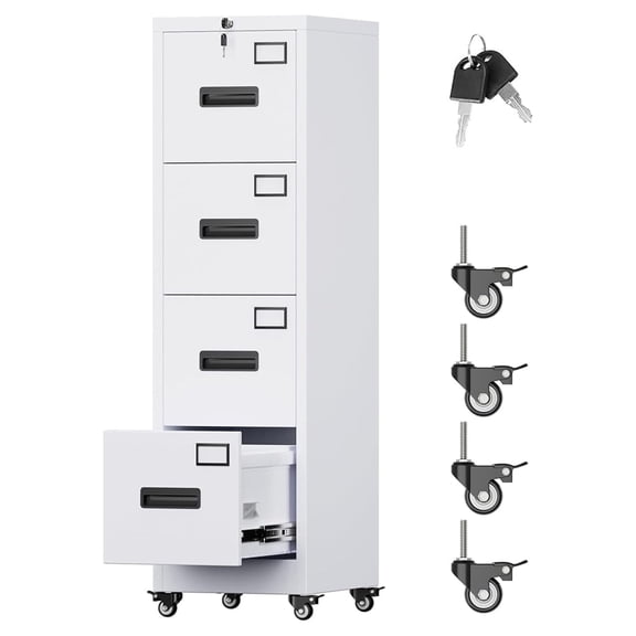 4 Drawer File Cabinet with Wheels, Lockable Metal Filing Cabinet with Name Card for Office and Home,Required Assembly,White