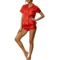 thumbnail image 2 of INSPIRE CHIC Women's Satin Pajama Set Button Short Sleeve Shirt with Shorts 2 Pcs Loungwear Sleepwear S Red, 2 of 6