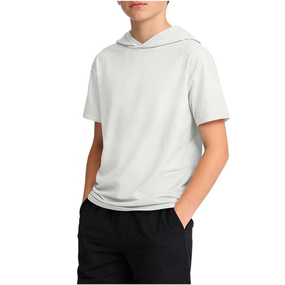 UQJfacai Boys Lightweight Short Sleeve Hoodie Casual Solid Pullover Tops Summer Loose Fit Athletic Hooded T Shirt 5-15 Years