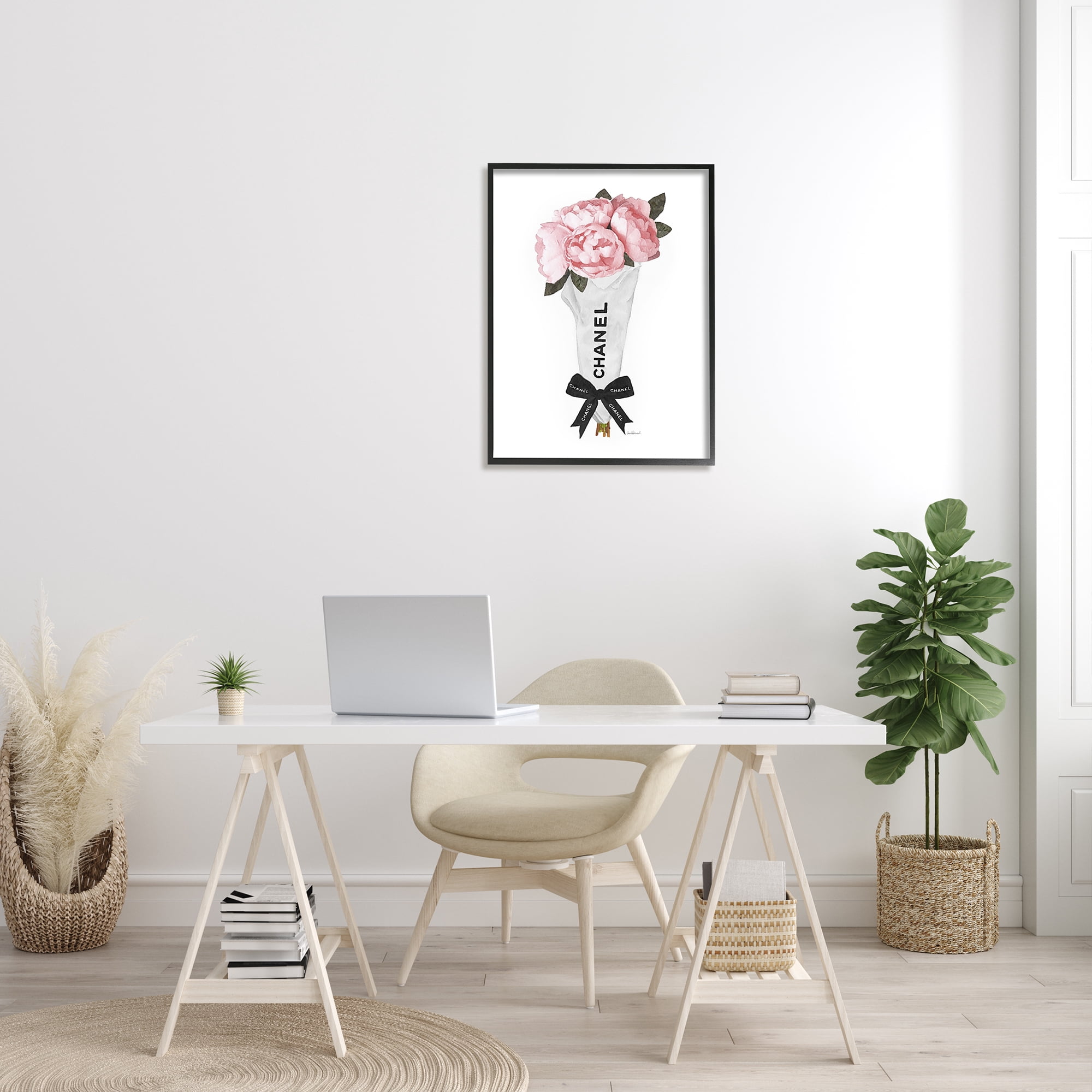 Stupell Industries Pink Peonies Flower Bouquet Glam Fashion Bow Botanical & Floral Painting Black Framed Art Print Wall Art, 24 x 30