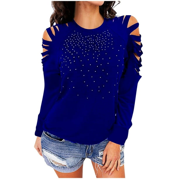 Moda para mujer, manga larga, cuello redondo, taladro caliente, mangas recortadas, blusa para mujer Pompotops FGAJ12880