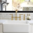 thumbnail image 2 of Akicon Two-Handles Bridge Kitchen Faucet with Side Sprayer 8-3/8 Inch High Arc Brushed Gold Gold Finish, 2 of 5