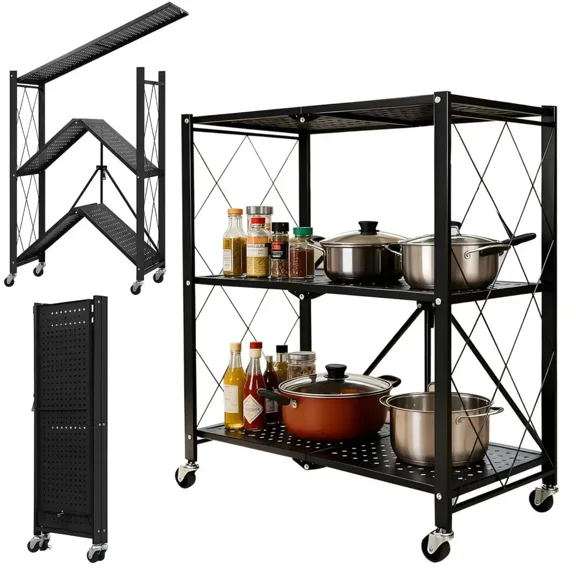 Heavy Duty 3-Tier Foldable Storage Shelf, Waterproof Rustproof Organizer Rack, Space Saving for Kitchen Pantry Living Room
