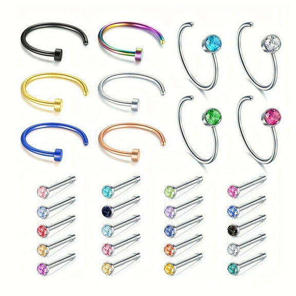 LAURITAMI 22G 30Pcs Nose Ring Hoop Surgical Steel Nose Rings Studs Screw For Women