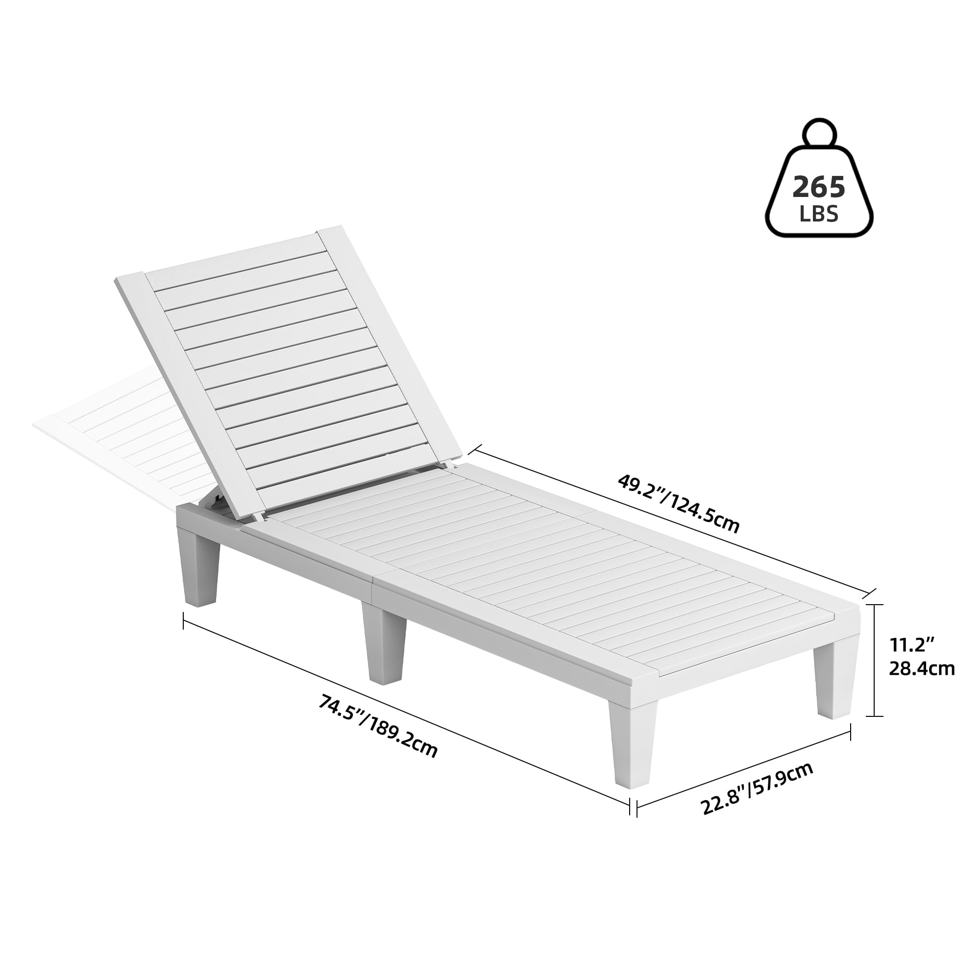 Dextrus Outdoor Resin Chaise Lounge, 2-Pack, Grey-White, Faux Wood Grain, 74.5×22.8×11.2 in, 150kg Capacity