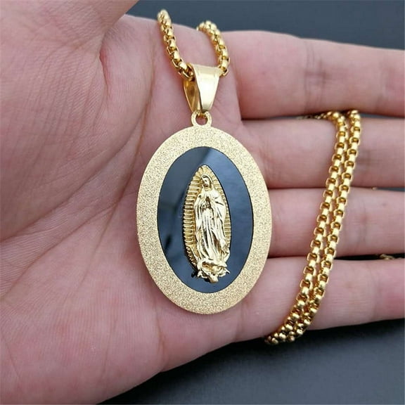 Lovelords 14K Yellow Gold Holy Marraine Virgin Mary Pendant Necklaces Religiou Cross Pattern Choker Chain Women Jewelry Collier