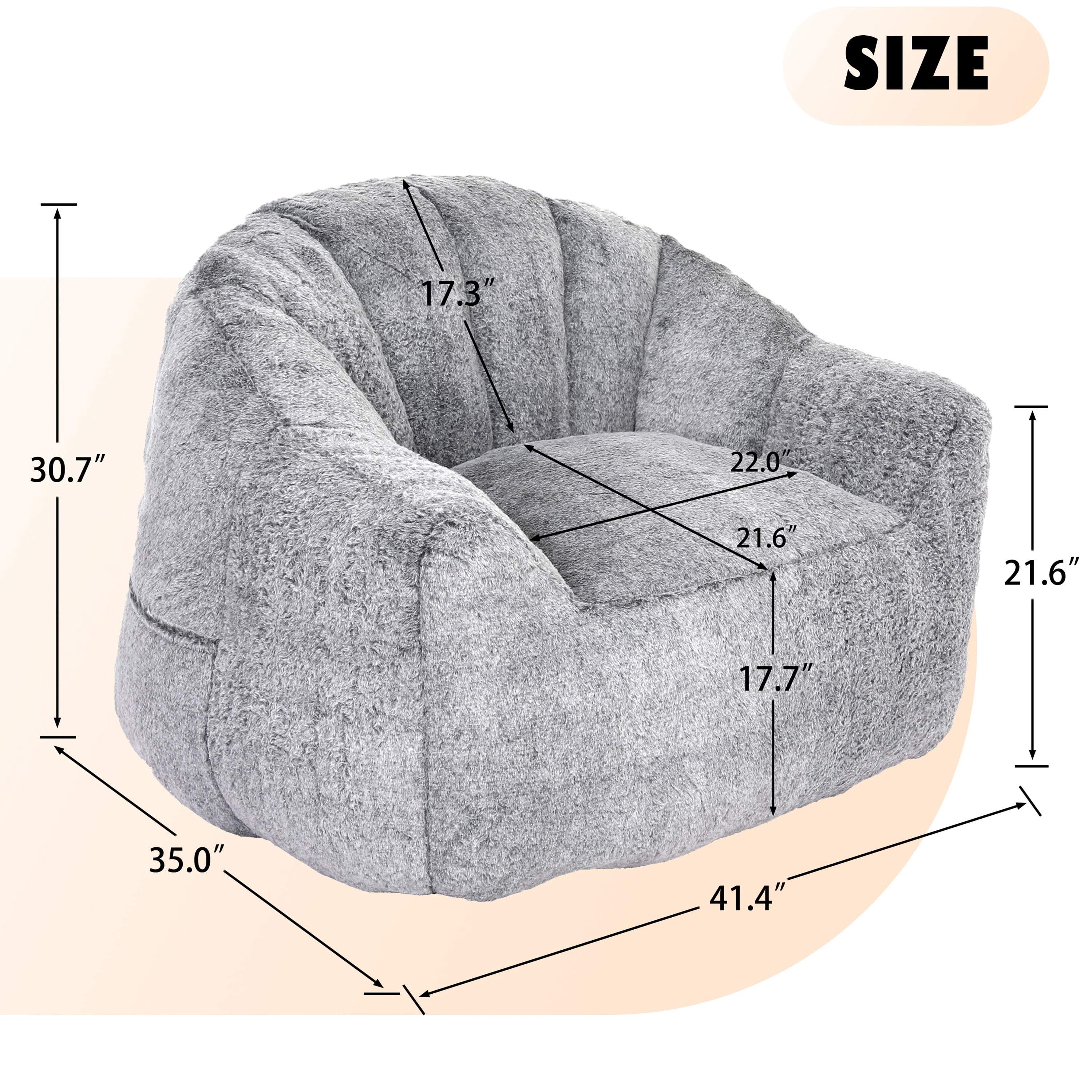PAPROOS Oversized Bean Bag Chair for Adults, Dark Gray Faux Fur Memory Foam Bean Bag Sofa, Pre-Filled Comfy Lazy Sofa Chair with Removable Cover for Living Room Bedroom Dorm