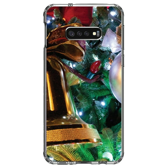 DistinctInk Clear Shockproof Hybrid Case for Samsung Galaxy S10e (5.8" Screen) - TPU Bumper, Acrylic Back, Tempered Glass Screen Protector - Christmas Ornaments Bell - Christmas All Year