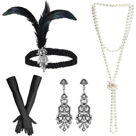 4Pcs Complete 1920s Accessory Kit | Elegant Feather Headpiece, Stretch Gloves, Beaded Jewelry for Roaring 20s Party, Prom, Dress-Up Events