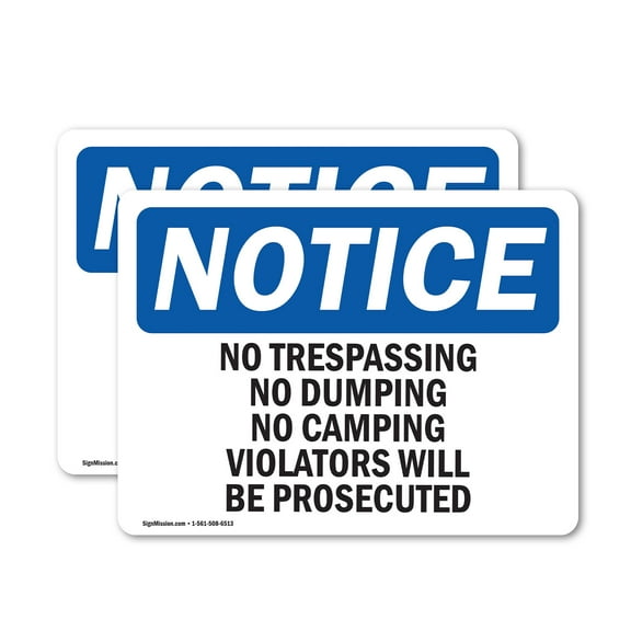 (2 Pack) No Trespassing No Dumping No Camping Violators OSHA Notice Sign 14 Inch X 10 Inch Vinyl Label Decal Sticker Weather Resistant, UV Protected for Workplace, Business, and