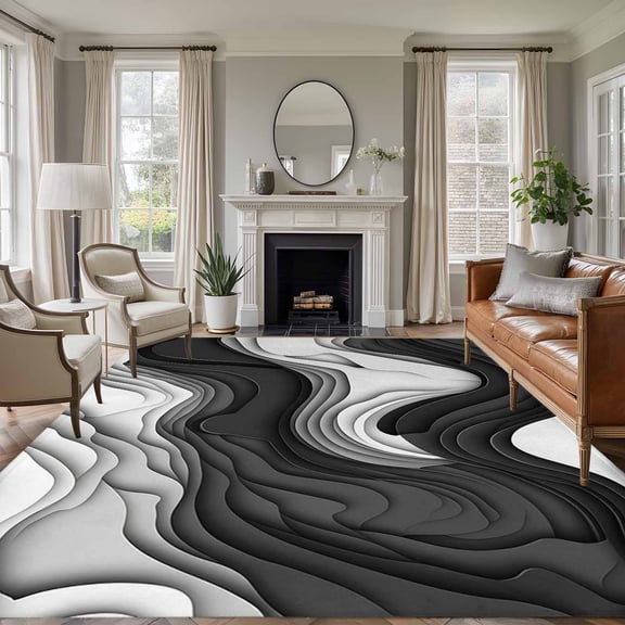 5'x8' Area Rugs, Black Grey Ombre Indoor Outdoor Area Rug for Living Room Bedroom, Abstract Moire Art Geometric Modern Washable Bathroom Rugs Kitchen Floor Carpet Mats Home Decor Aesthetic