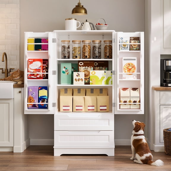 47" Freestanding Kitchen Pantry Cabinet with Drawers & Doors, Multi-Use Storage Cabinet for Bathroom Dining Room Craft Room, White