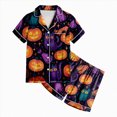 thumbnail image 4 of KPOPLK Girls Short Sleeve Halloween Pajamas Set for Kids Cute Print Collared Tops and Shorts Pjs Set Satin Silk Lightweight Kids Halloween 2 Pieces Outift,Size 4-5 Years, 4 of 5