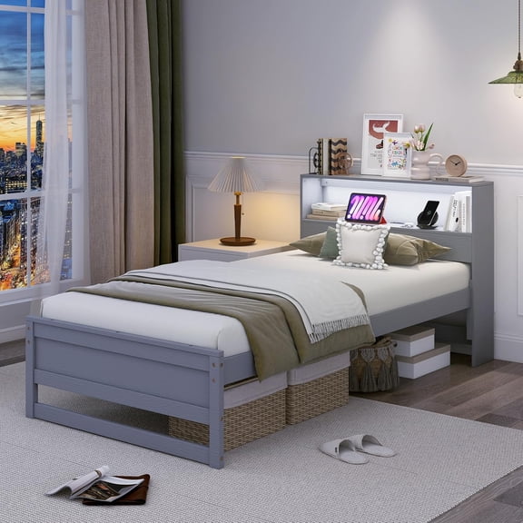 LEHOME Twin Bed Frames with Storage Headboard, Wood Platform Bed with Charging Station & LED Light, Single Bed with Slats Support, Under-Bed Space, (Grey)