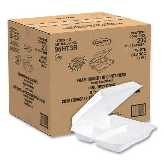 Dart Foam Food Container, Hinged Lid, White (200 Pack)
