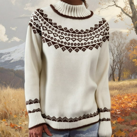 Lightweight Sweaters for Women Soft Loose Fit Fair Isle Round Neck Sweater Comfortable Color Block Fashion Fall Winter Long Sleeve Pullovers Top Multicolor White L