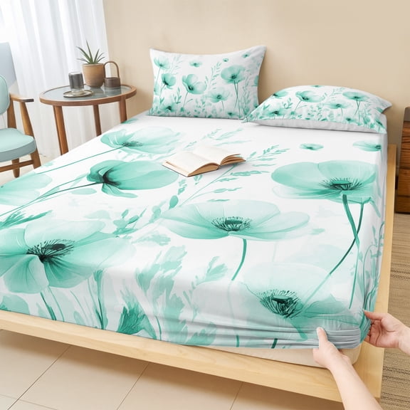 King Size Fitted Sheet Set - Teal Spring Floral 3 Piece Bedding Sets 16" Deep Pocket Fitted Sheet with 2 Pillowcases, Summer Botanical Watercolor Vintage Brushed Microfiber Hotel Luxury Bed Sheets