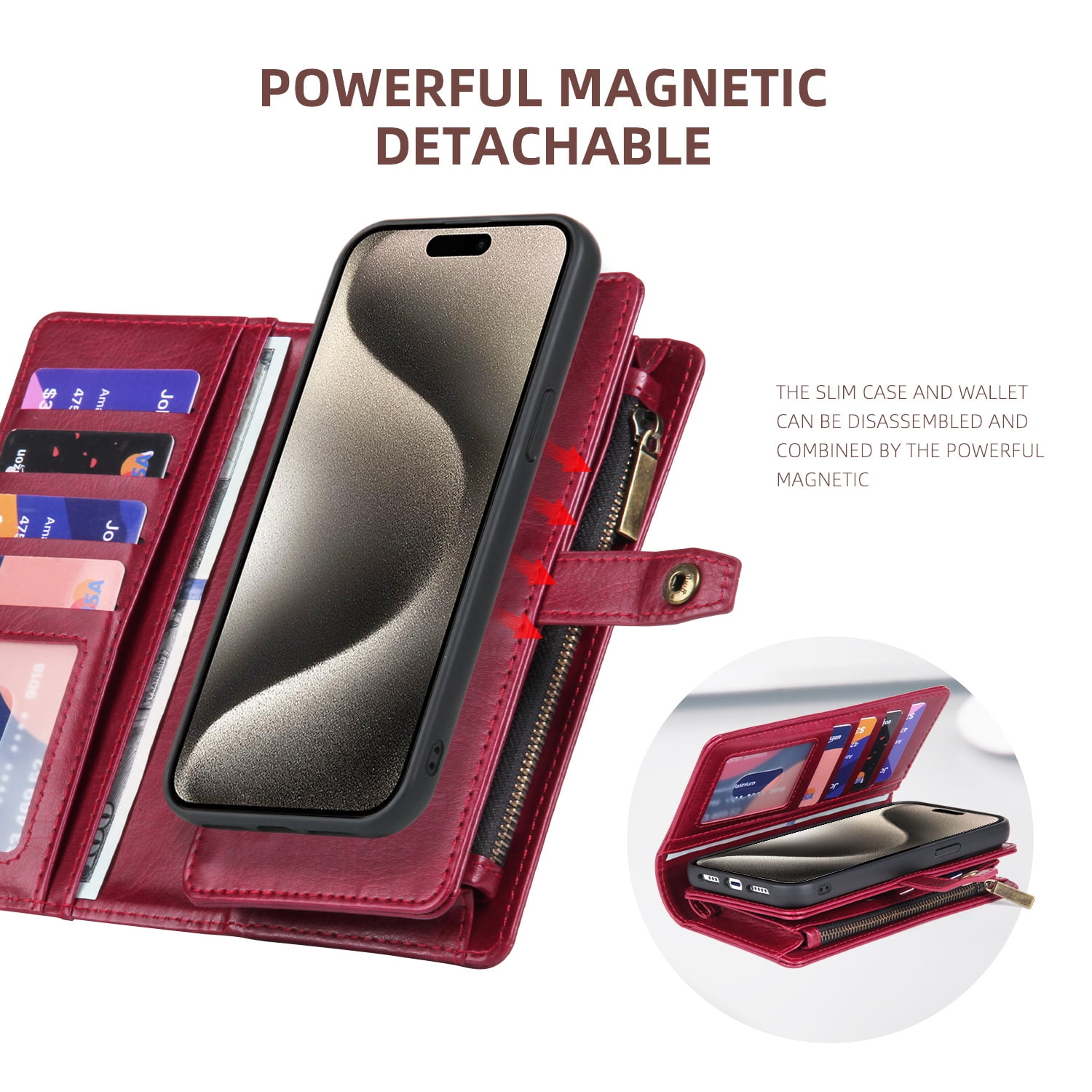 2 In 1 Wallet Phone Case for Apple iPhone 13 Pro Max, Detachable Magnetic Back Cover with Cards Holder Zipper Pocket Hand Wrist RFID Blocking Snap Closure Shockproof Case for iPhone 13 Pro Max, Red