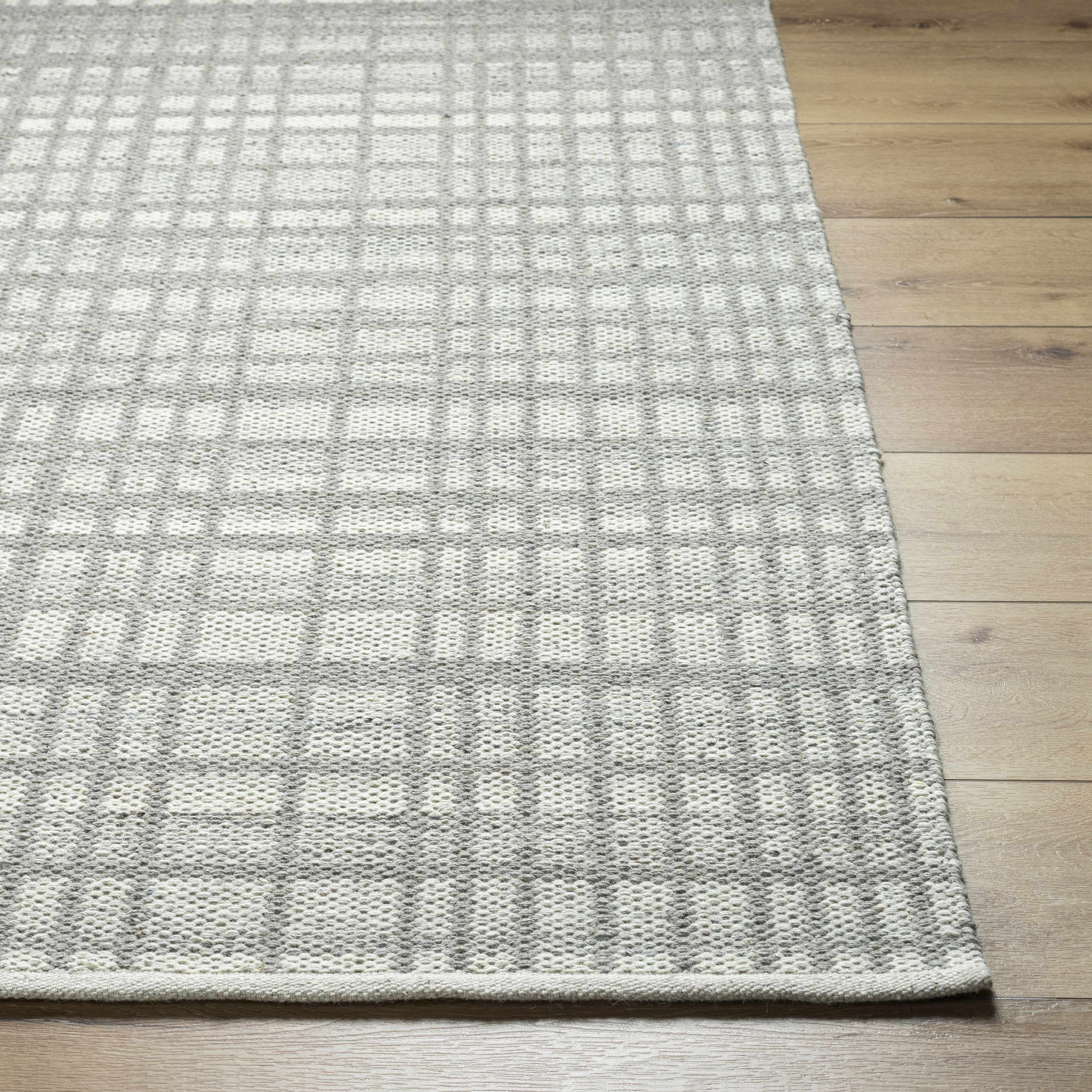 Hauteloom Nissa Wool Living Room, Bedroom Area Rug - Checkered Geometric Square Plaid - Gray, White, Off White - 2' x 3'