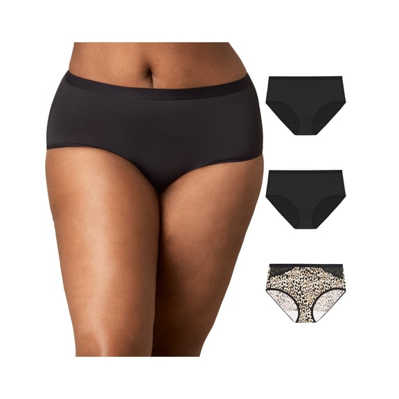 Playtex Microfiber Hipster Underwear Pack, Full Coverage, Moisture-Wicking, 3-Pack Heirloom White Leo/Black/Black M Women's