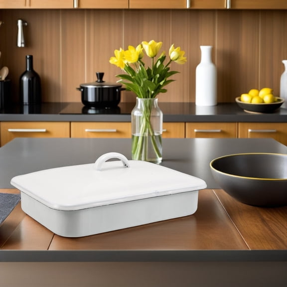 Amosfun White Enamel Roasting Pan with Lid, Non-Stick Oven Safe Roaster for Meat, Vegetables, and More