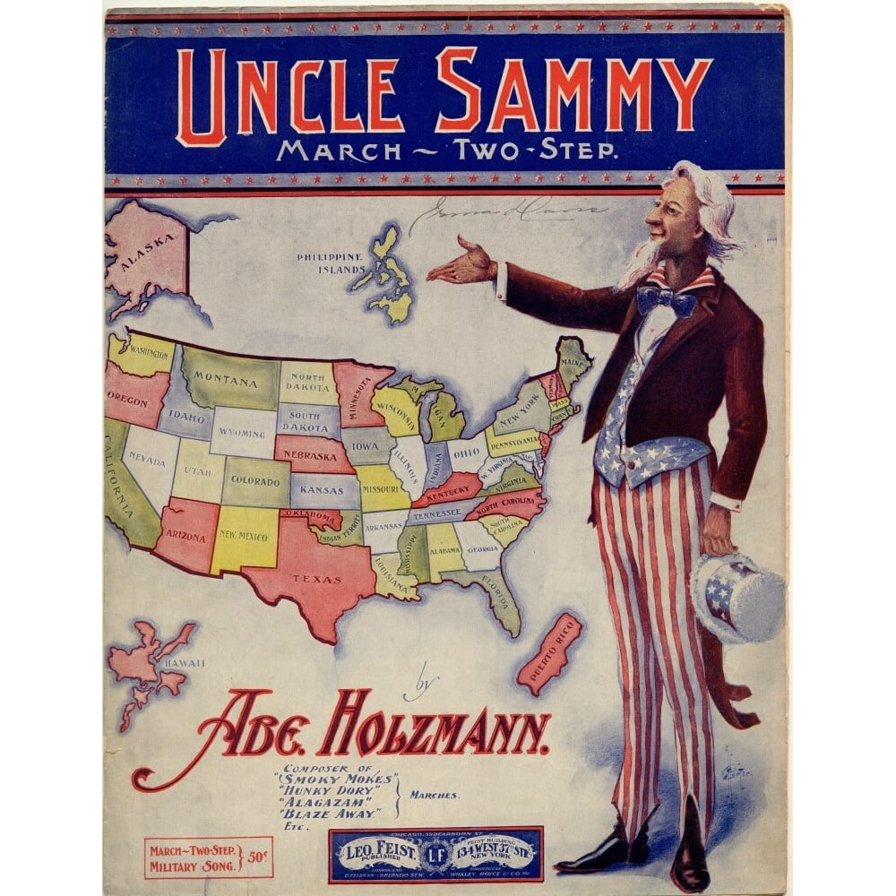 Uncle Sam looks over a map of the US including the Philippines, Hawaii ...