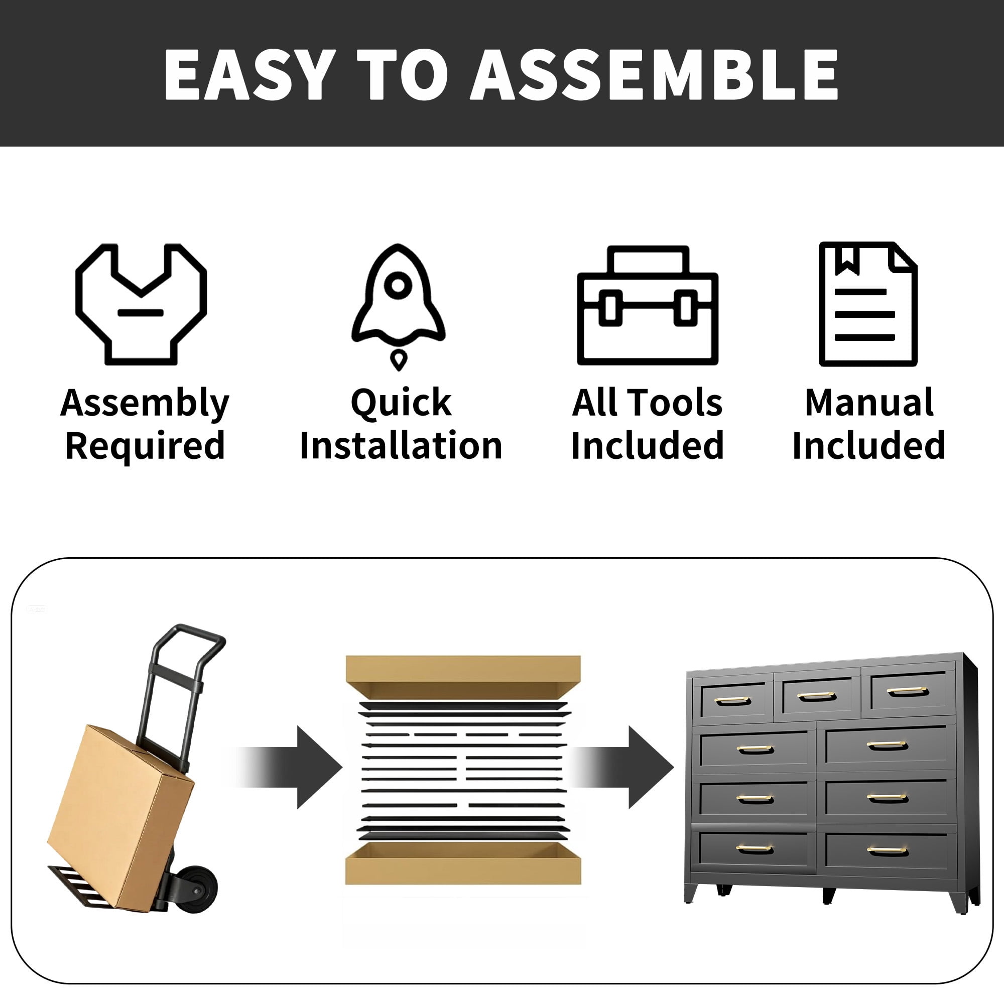 ShiKeyi 9 Drawer Dresser for Bedroom, Modern Metal Wide Storage Chest with Metal Handles and Legs, Black