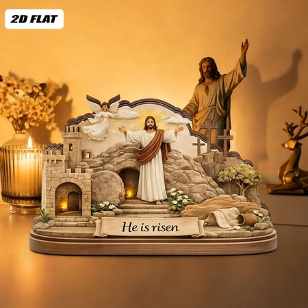Uandlove He Is Risen Wooden Easter Decor, Empty Tomb Resurrection Scene with Three Crosses, Christian Religious Tabletop Centerpiece for Home Shelf Tiered Tray Mantel