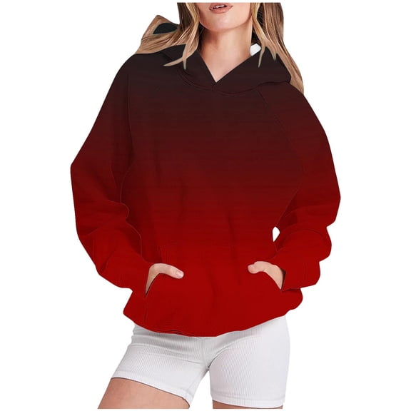 YUGYXL Womens Casual Long Sleeve Hoodies Trendy Gradient Color Lightweight Hooded Pullover Sweatshirt with Pocket Red M