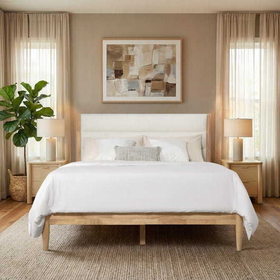 Spruce & Spring Upholstered Solid Wood Platform Bed Frame with Headboard Cream, Queen