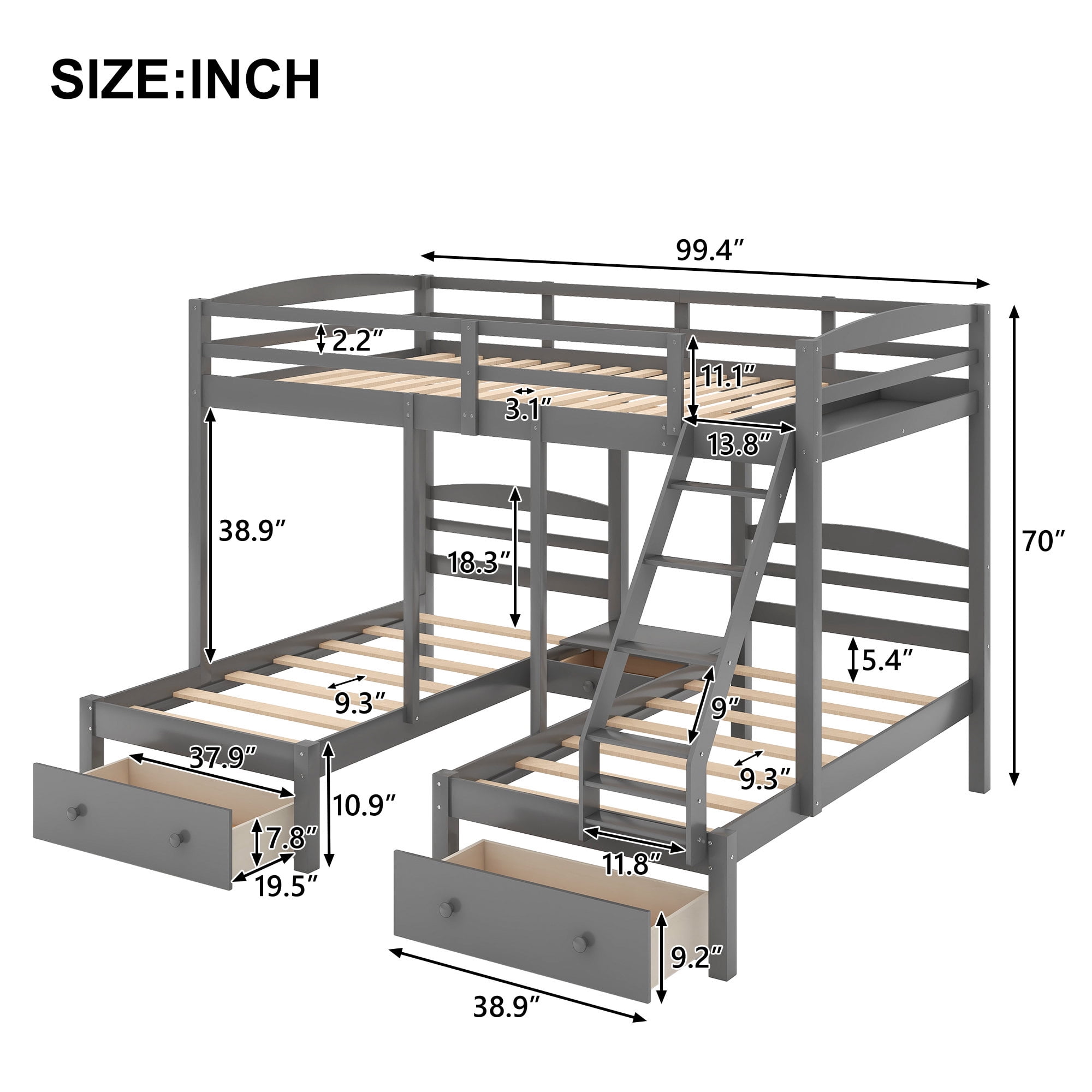 Euroco Wood Storage Bunk Bed, Full over Twin & Twin for Kids Teens Bedroom, 3-in-1 Bunk with 2 Drawers, Gray