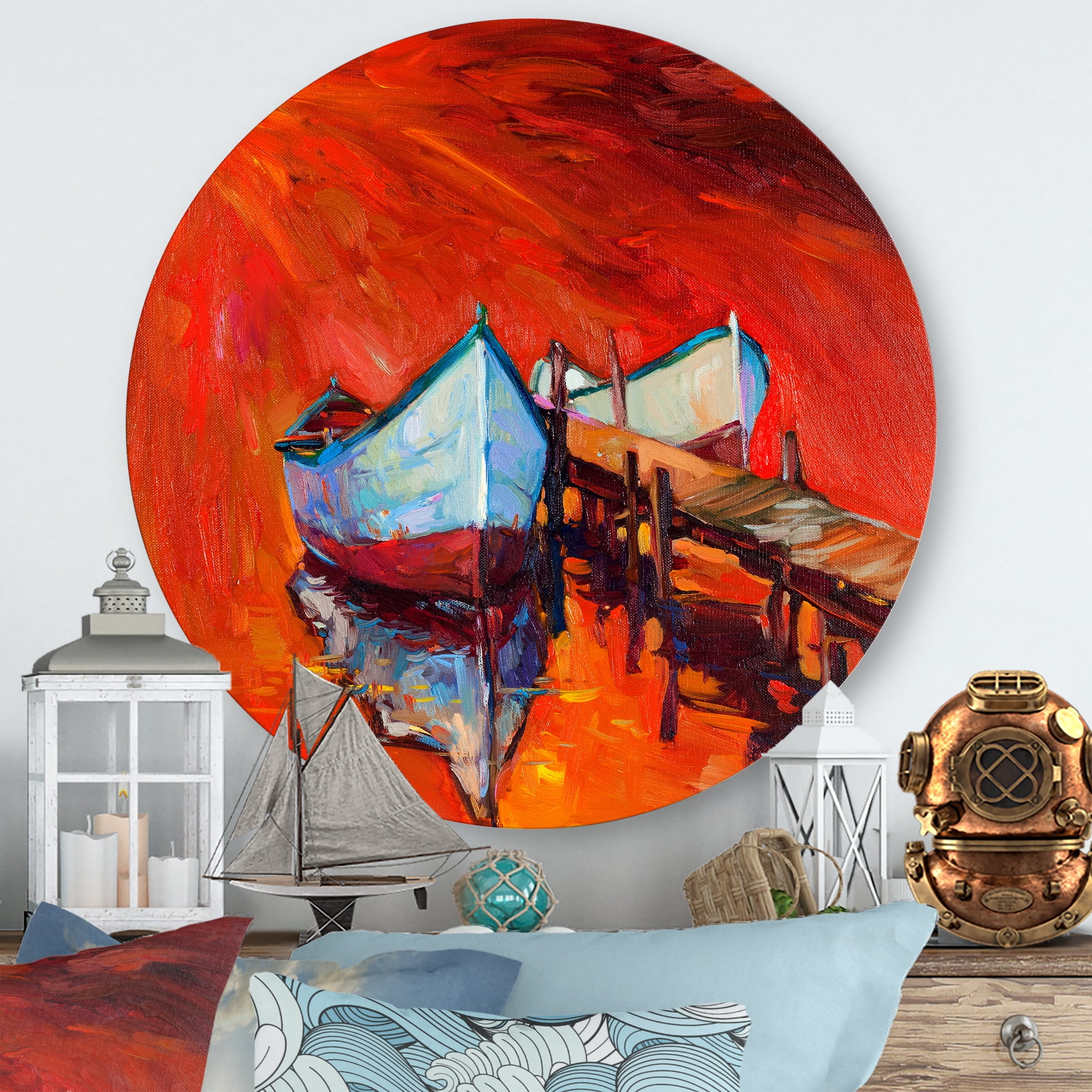 Designart 'Boats Near Coastal Town Resting On The Water IV' Nautical & Coastal Circle Metal Wall Art 11x11 - Disc of 11