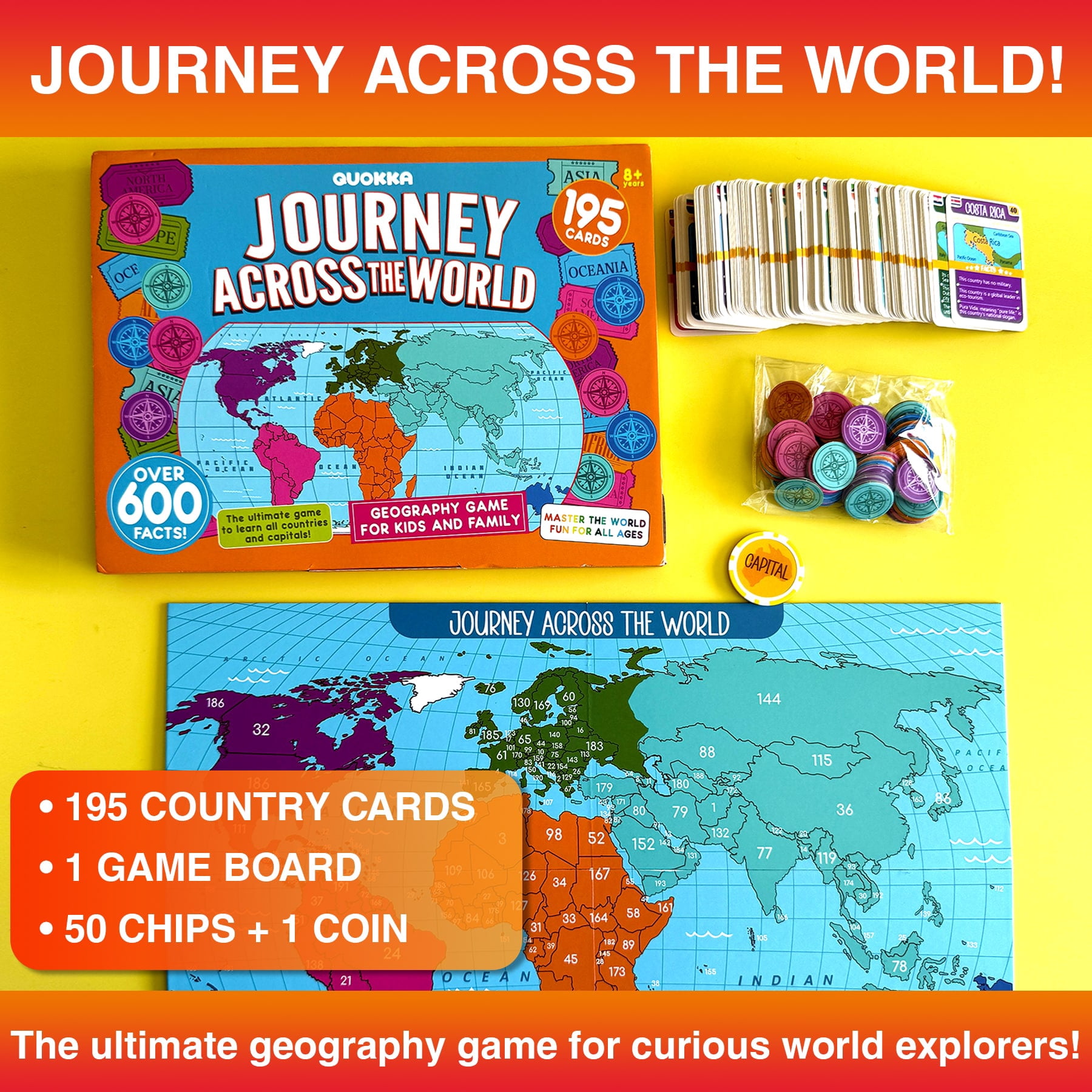 Quokka Board Games for Kids Ages 8-12 - World Game for Adults with 95 World Map Cards - Journey Across The World Card Game