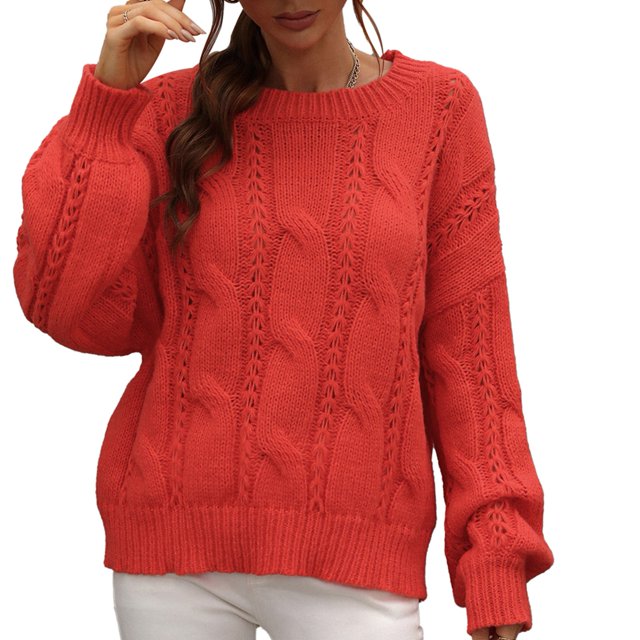 Jersey de manga larga abombada con cuello redondo para mujer, suéter holgado elegante de Color puro, suéter de punto con Cable hueco, naranja S