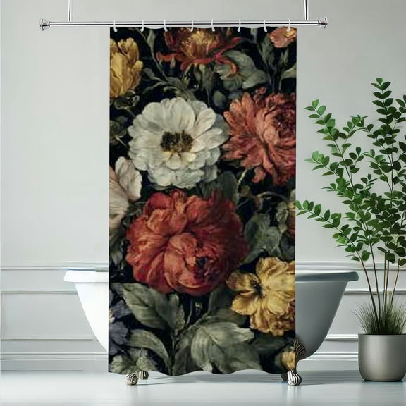 RKSupls Christmas Shower Curtain, Vintage Dark Flower Shower Curtain with Hooks for Christmas Home Bathroom Decor Washable Curtains, 36x72 in