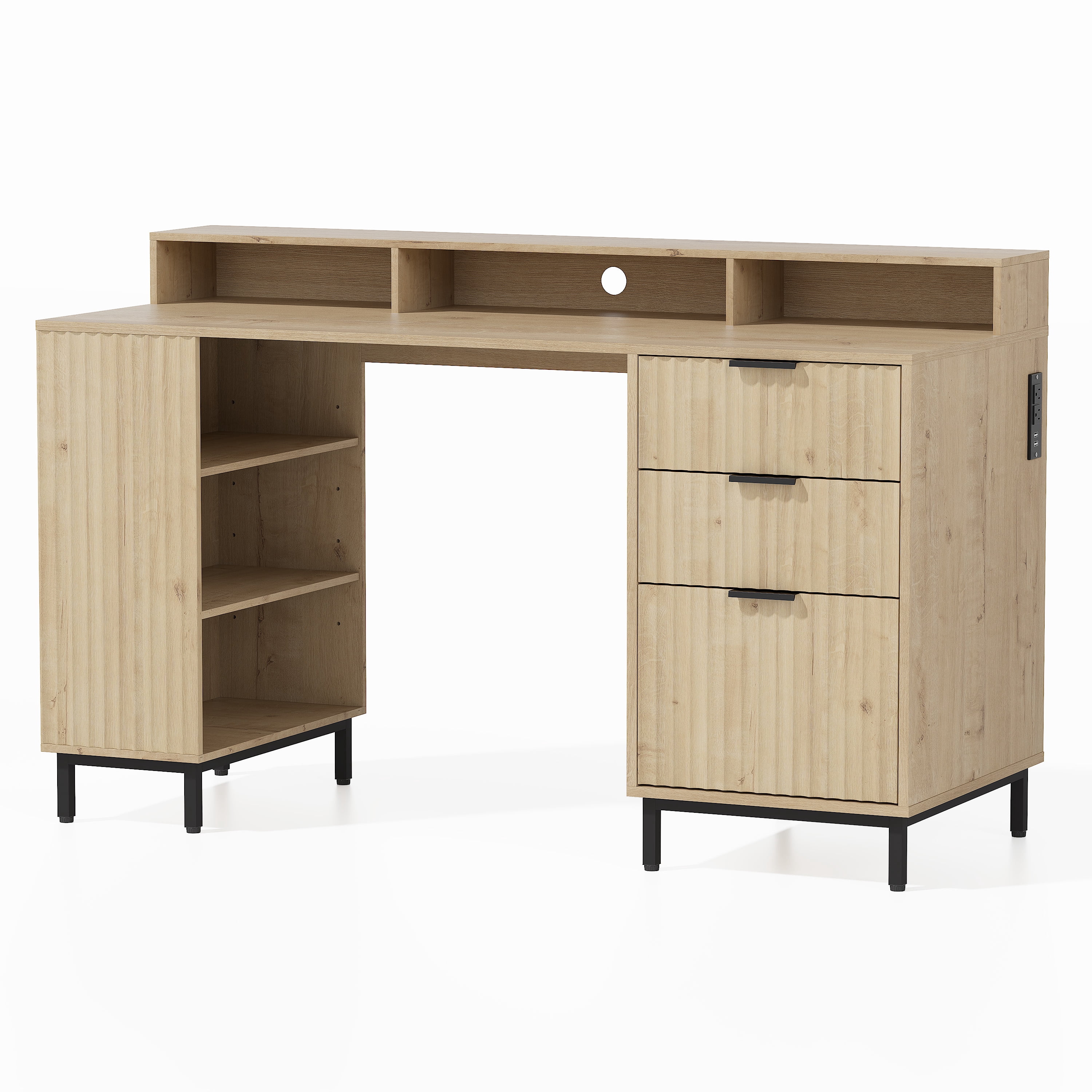 EYYTHUNG 55" Fluted Executive Desk with Charging Station, Modern Wood Home Office Desk with Storage Shelf & File Drawer, Writing Study Computer Table for Work Study, Light Oak