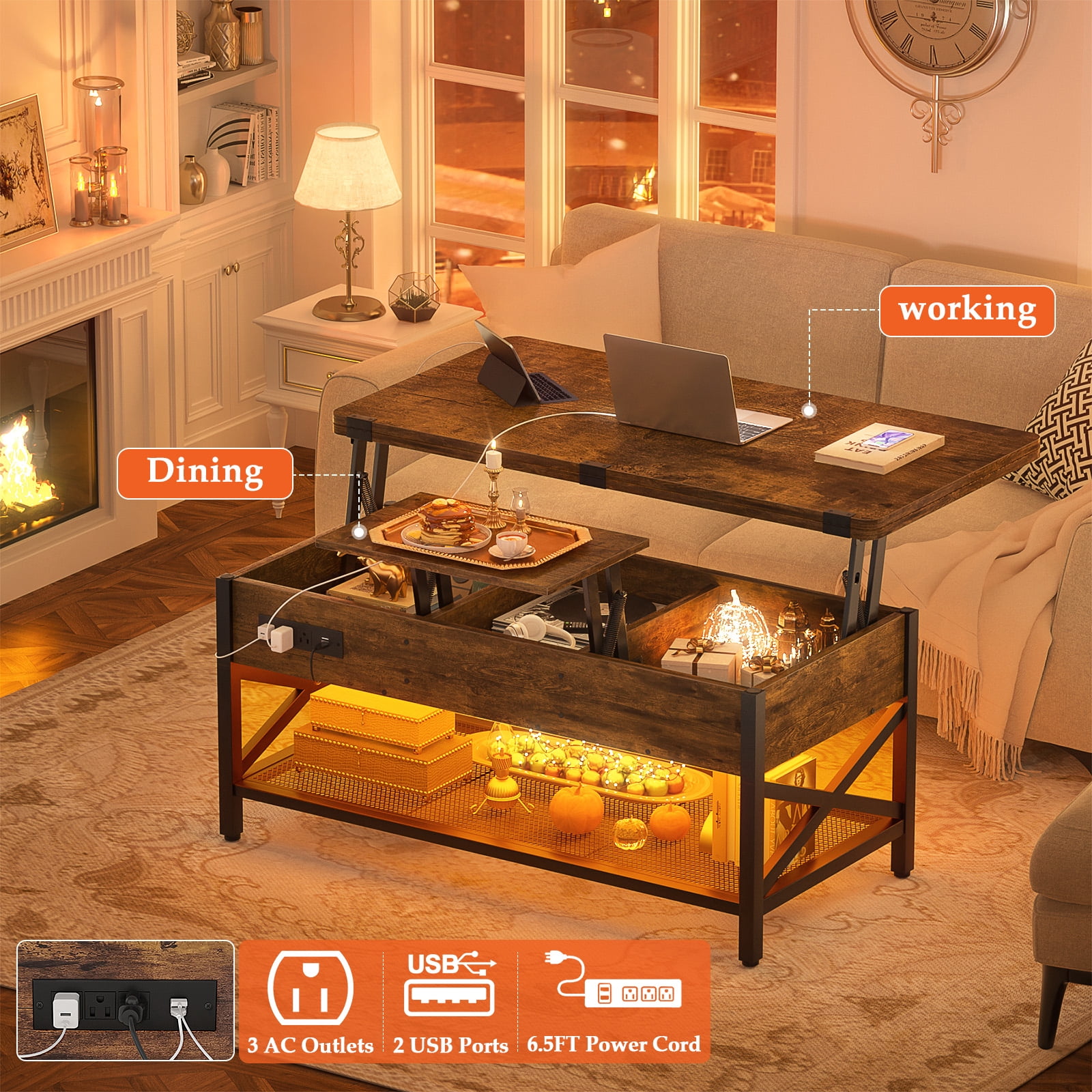 Homieasy Coffee Table Lift Top with LED Light and Power Outlet, Multi-Function Coffee Table Converts to Dining Table, Center Table with Shelves for Living Room Reception Home Office, Rustic Brown