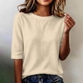 thumbnail image 2 of Linen Texture Blouse for Women, Crew Neck Half Sleeve Loose Tunic - Lightweight Breathable Summer Casual Top Beige L, 2 of 7