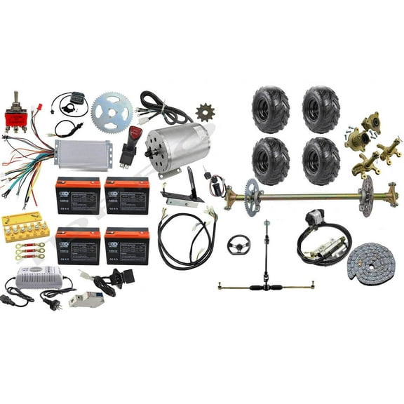 29" Go Kart Rear Axle Kit  Front Steering Shaft Assembly  Brake   145/70-6" Wheels Tires  48V 1800W Brushless Electric Motor Kit  24Ah Battery for Go Kart ATV Quad Buggy Drift Trike Dolly Cart