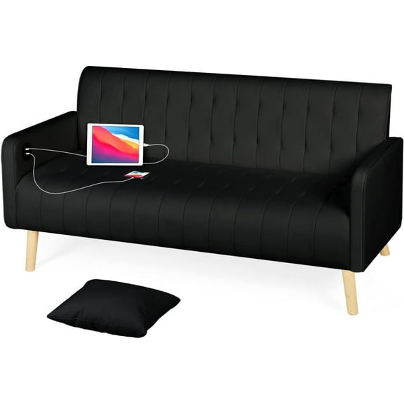 LAZZO 57'' Modern Striped PU Leather Loveseat Sofa w/ 2 USB Charging Ports, Black