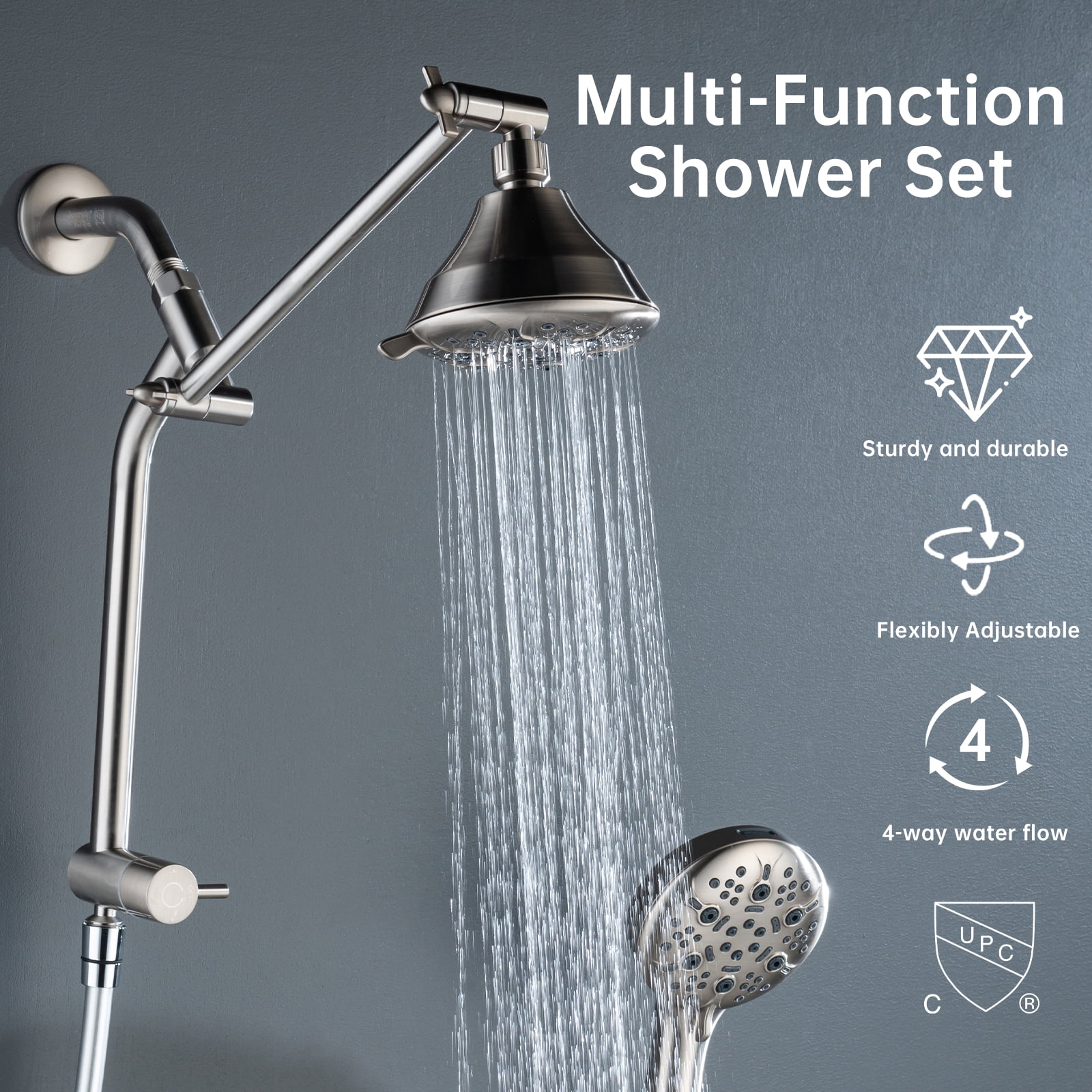 Joyrain Multi-angle adjustable showerhead& Handheld High-pressure 8 Spray Modes Shower Head, Rain Shower Combination with Multifunctional Adjustable Extension Arm