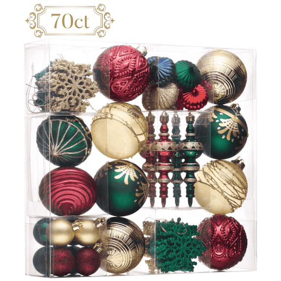 Valery Madelyn 70ct Christmas Ornaments, Red Green Gold Shatterproof Ornaments for Holiday Party Decor