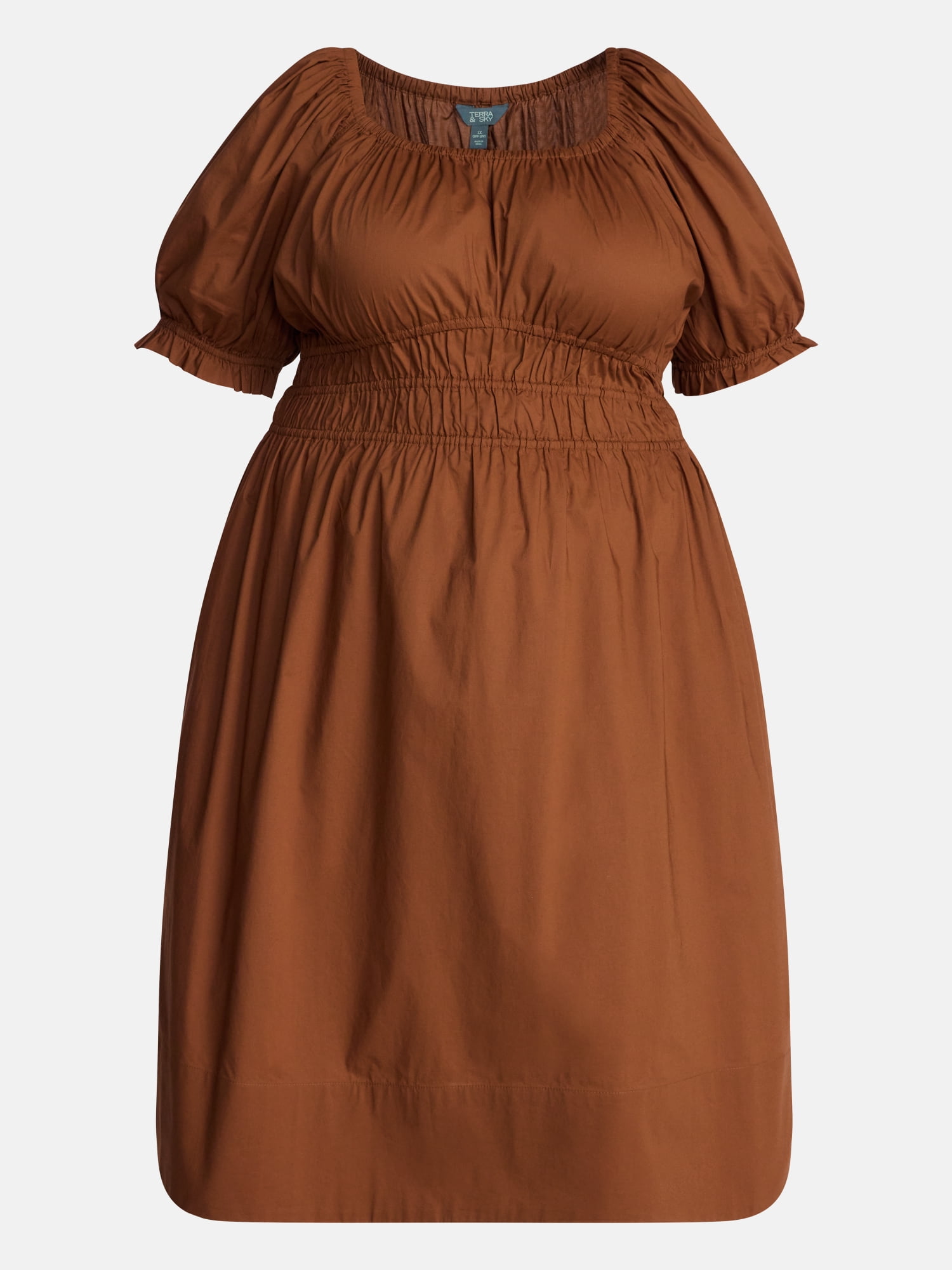 Terra & Sky Women's Plus Smocked Cotton Midi Dress with Short Puff Sleeves, Sizes- 0X-5X