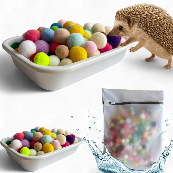 Hedgehog Dig Box Enrichment Cage Accessories with Ball Toy and Laundry Bag, Funny Dig Box Toys for Hedgehogs, Hamster, Ferret and Kitten, 120 Pom Poms