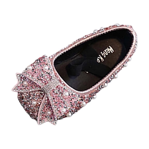 IVEYRTF Girl Rhinestone Pearl Bow Mary Janes with Elastic Strap Sparkly Dress Flats for Girls Kids' Dazzling Party Shoes(Pink,2.5-3 Years)