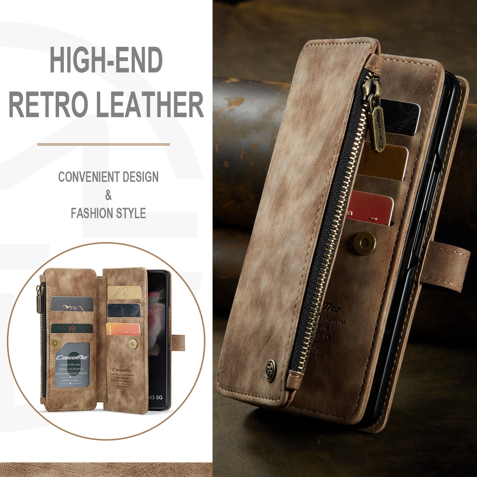 Dteck Galaxy Z Fold 3 Case, Dteck Heavy Duty Durable PU Leather Magnetic Wallet Flip Lanyard Strap Wristlet Zipper Card Holder Phone Case for Samsung Galaxy Z Fold 3 5G, Brown