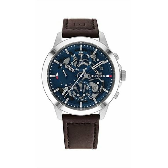 Tommy Hilfiger Reloj multifunción para hombre con correa de cuero y acero inoxidable Color: Azul (Modelo: 1710476)