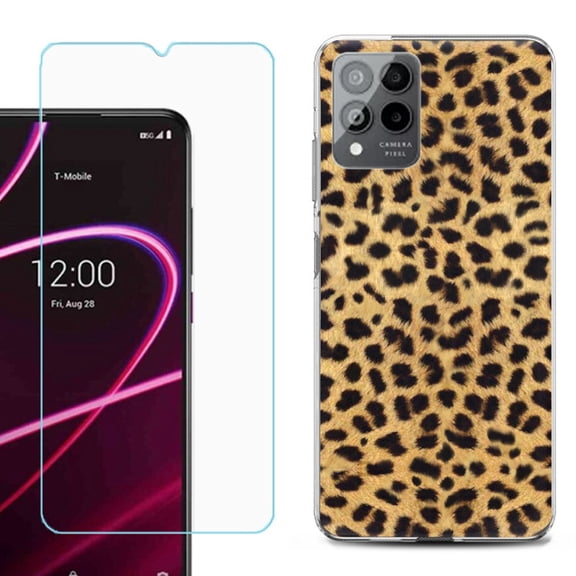 OneToughShield ® for T-Mobile Revvl 6x Pro 5G Shockproof Fashion Phone Case, with Tempered Glass Screen Protector - Cheetah Gold/Black
