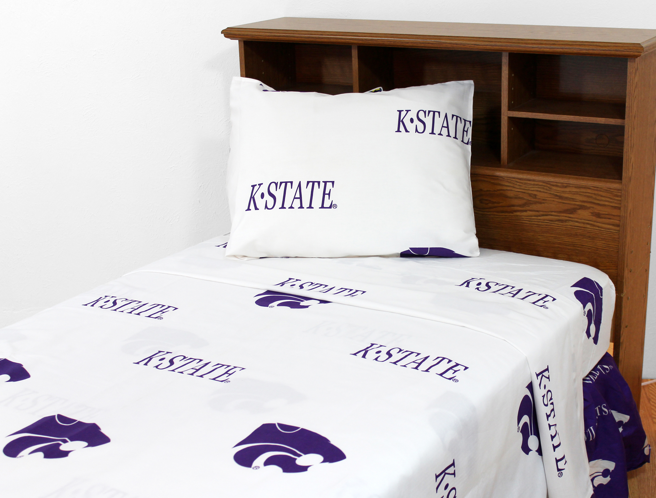 Kansas State Wildcats 100% cotton, 3 piece sheet set - flat sheet, fitted sheet, 1 pillow case, Twin XL, White