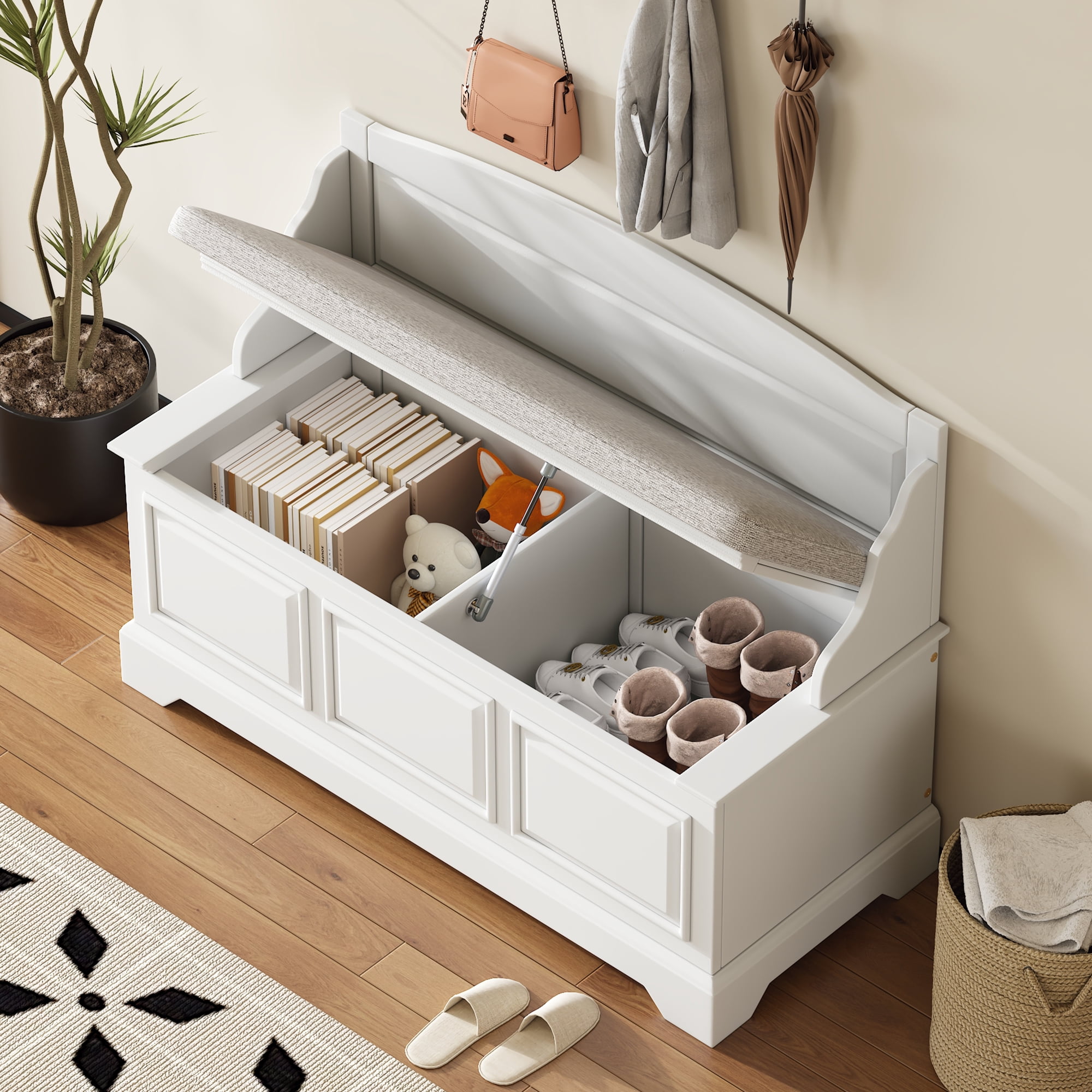 Retro Shoe Storage Bench with Hidden Storage and Cushion, White